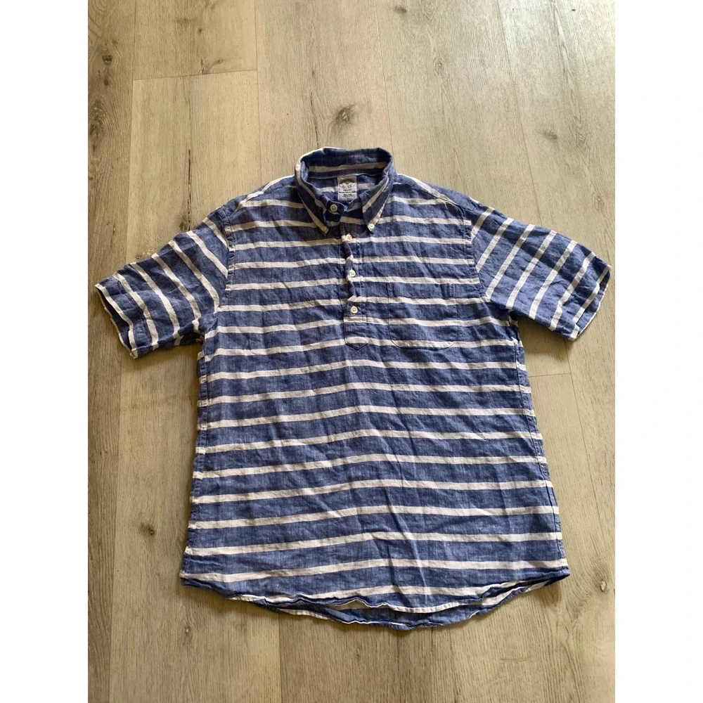 Brooks Brothers Regent Blue White Striped 100% Linen Popover Polo Shirt Mens M - Picture 5 of 6